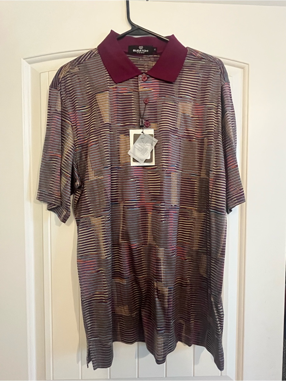 Bugatchi Men's Burgundy Collared Polo with Multi-Stripe Pattern